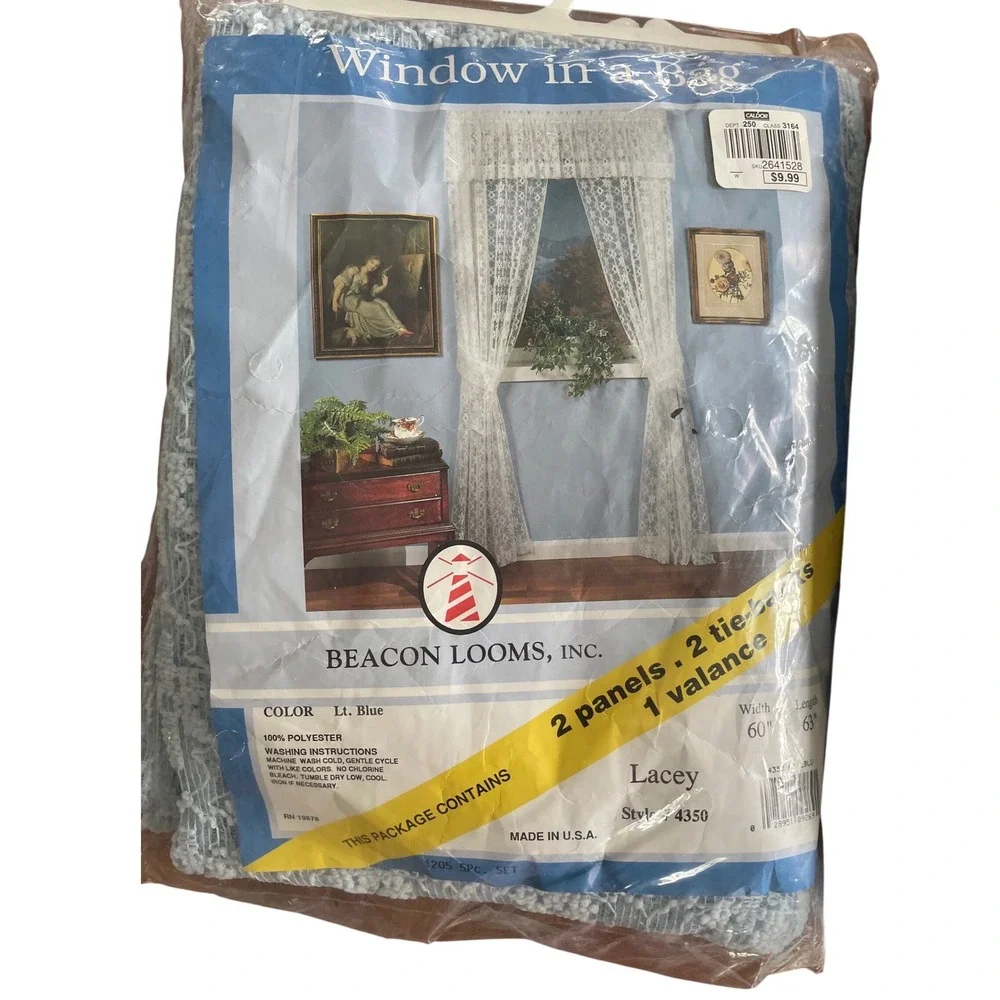 2 Vintage Beacon Looms Lacey Light Blue Lace Curtains 5pc Window in a Bag 60x63